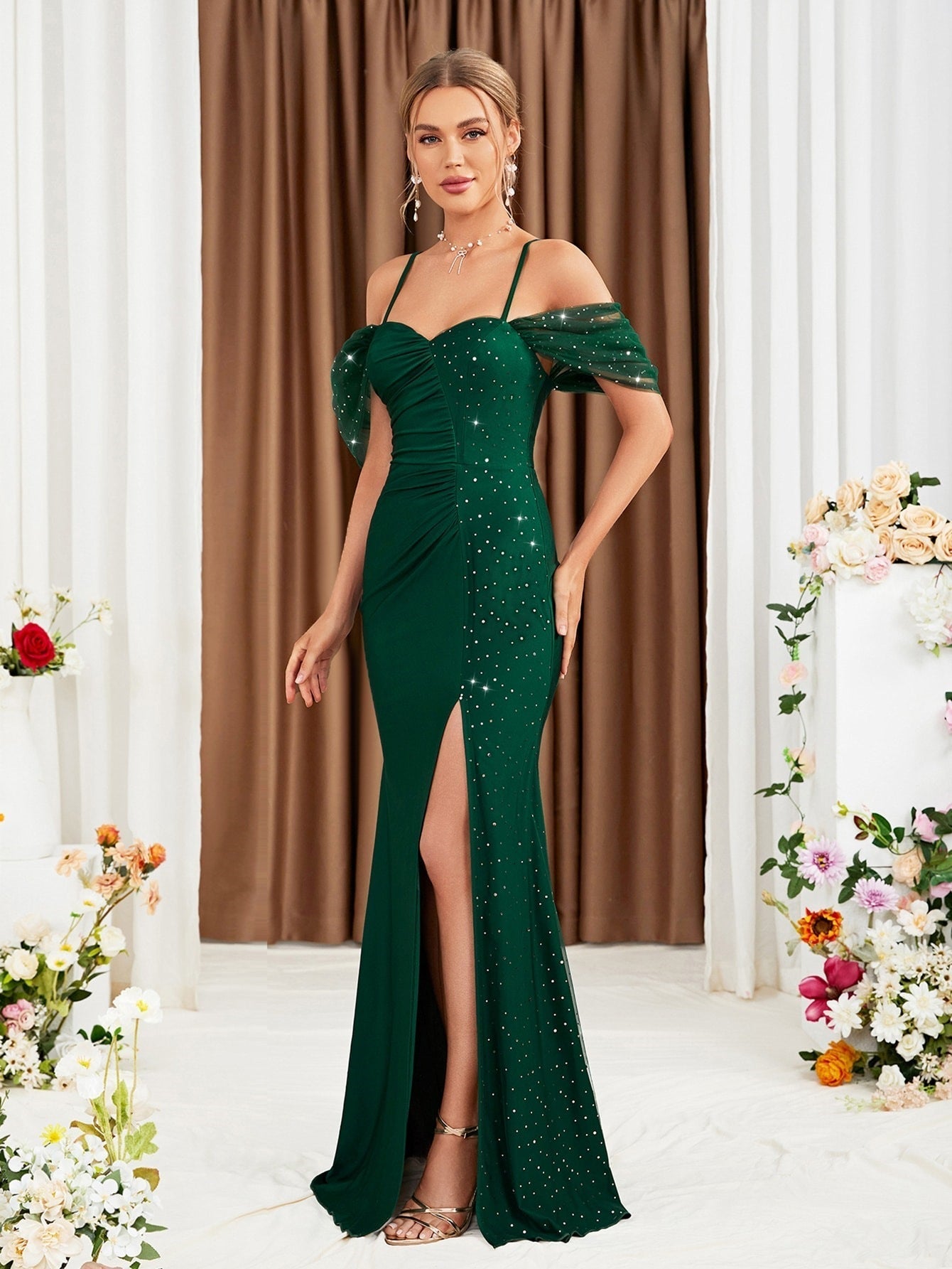 Off Shoulder Spaghetti Straps Evening Dress Slit Slim Fit Fishtail Gown Annual Meeting Performance Host Formal Dress