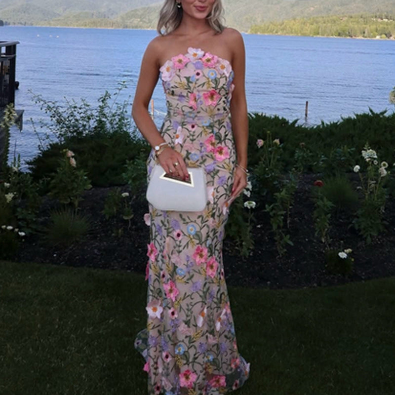 Maxi Dress Summer Three Dimensional Floral Embroidered Slim Slim Fit Tube Top Design Dress Women