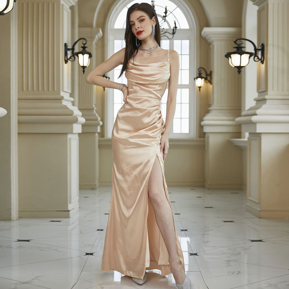 Autumn Winter Women Sleeveless Sling Pile Collar Champagne Bridesmaid Dress