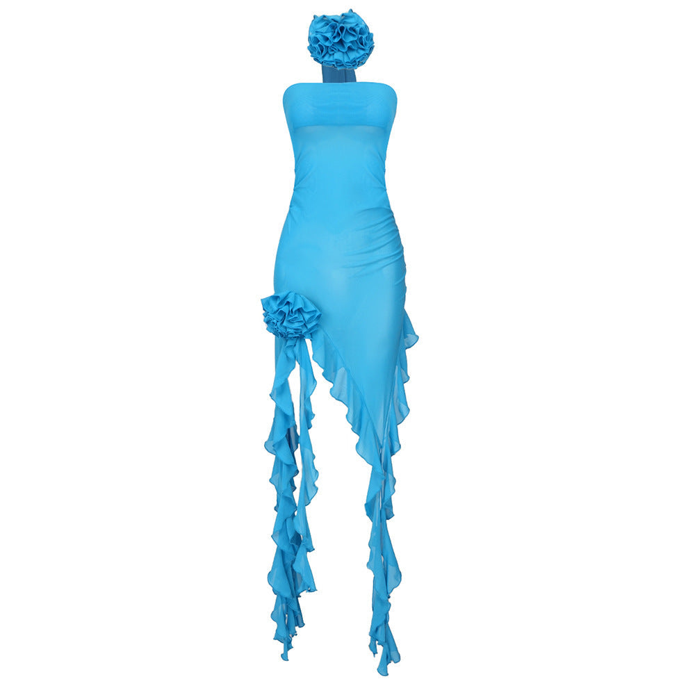 White Net Yarn Floral Ribbon Strapless Dress Blue Chiffon Dress
