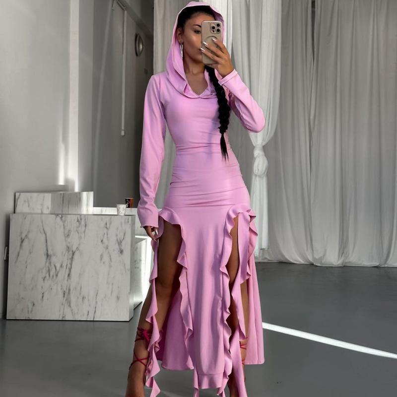Popular Trend Ruffled Stitching Long Sleeve Hooded Irregular Asymmetric Dress