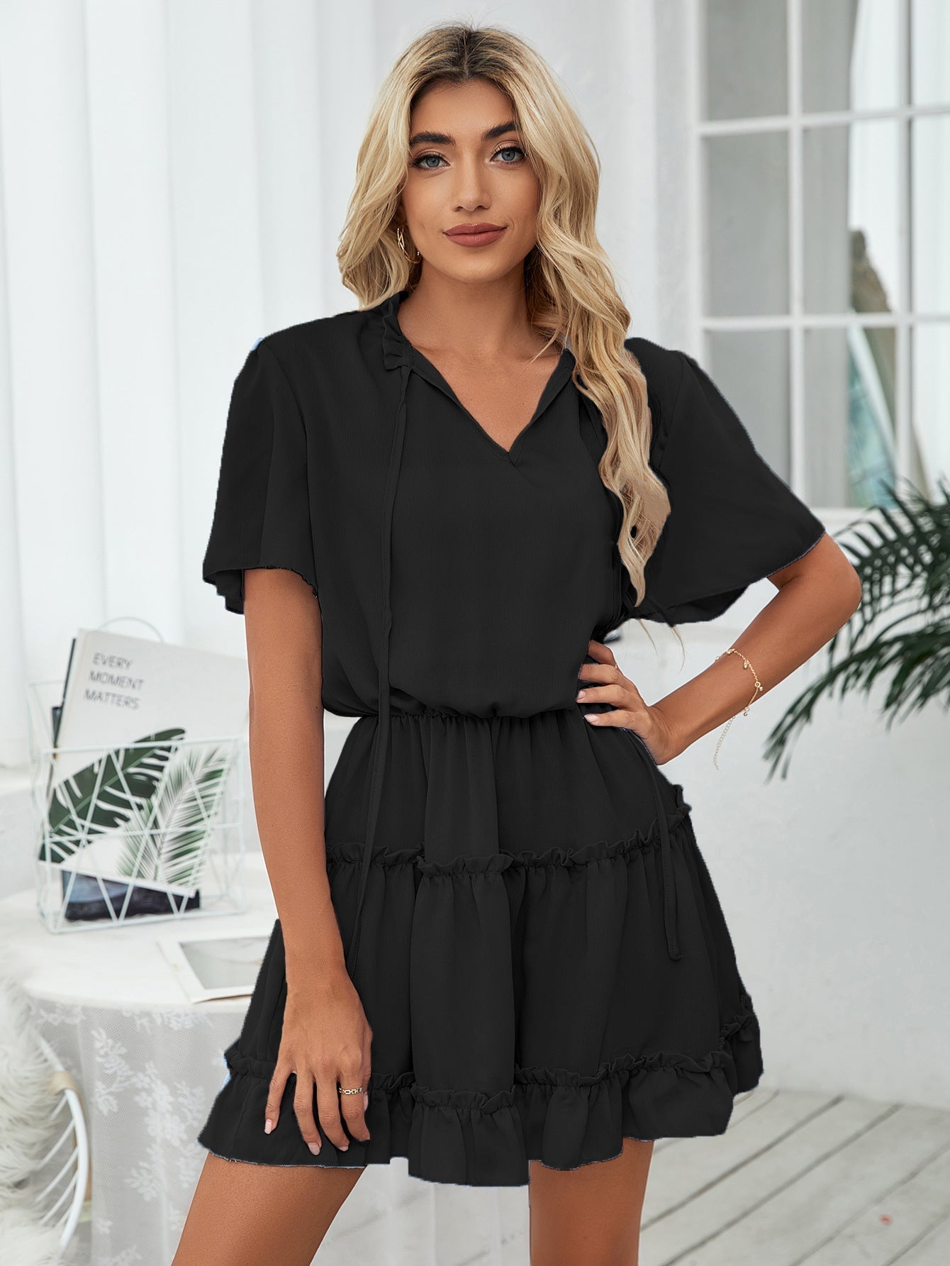 Slow It Down Smocked Tassel Dress Black
