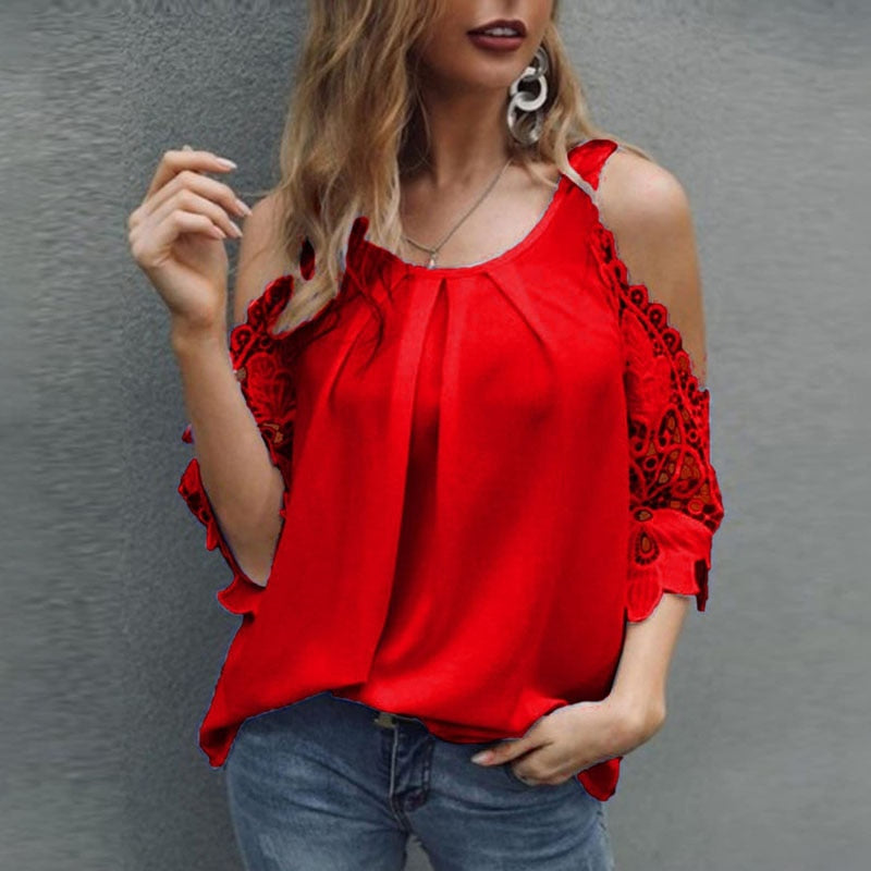 Off Shoulder Lace Blouse Women Summer Tops White Black Blouses ONeck Solid Loose 5XL Clothes