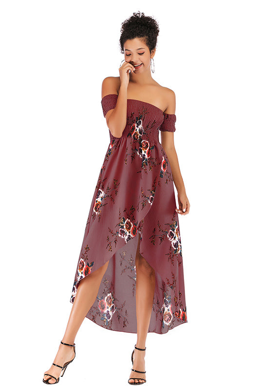 Off-the-shoulder Asymmetrical Hem Shirred Floral Dress - Mislish