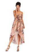 Off-the-shoulder Asymmetrical Hem Shirred Floral Dress - Mislish