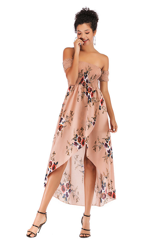 Off-the-shoulder Asymmetrical Hem Shirred Floral Dress - Mislish