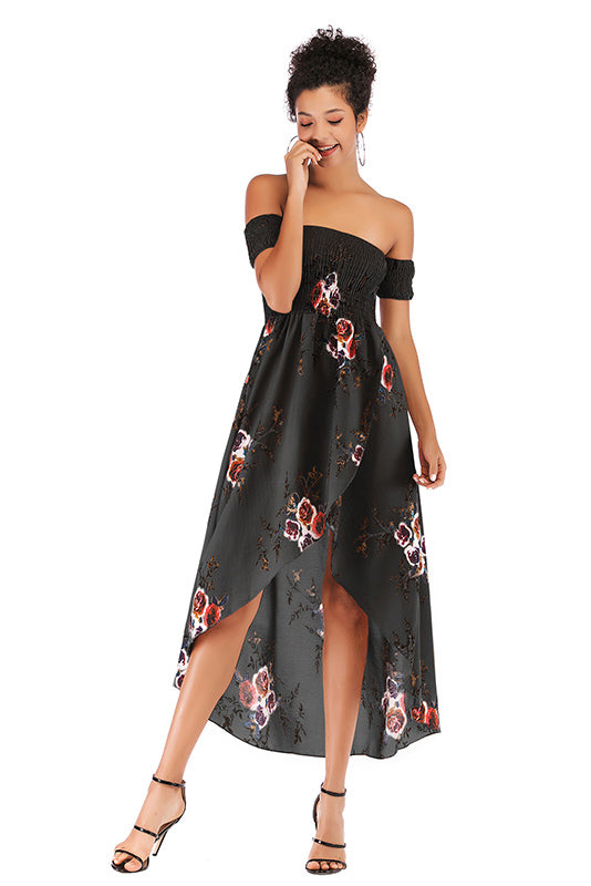 Off-the-shoulder Asymmetrical Hem Shirred Floral Dress - Mislish