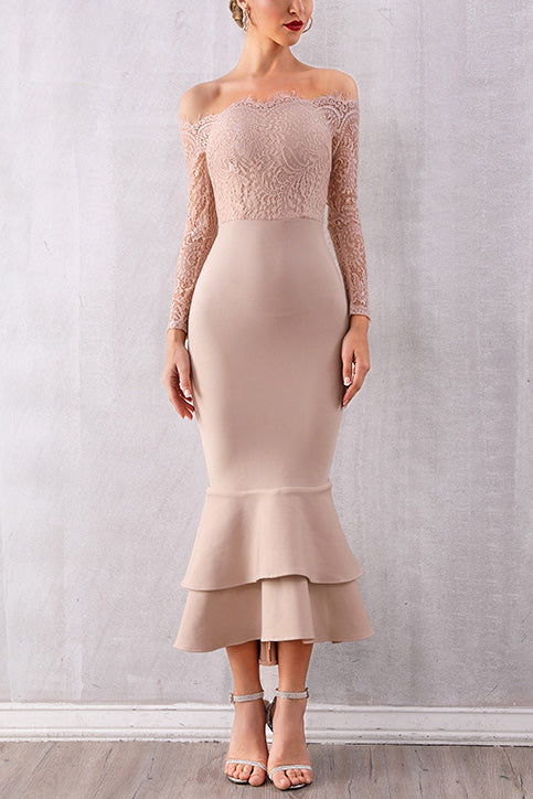Off-the-shoulder Double-Layered Ruffle Mermaid Lace Dress - Mislish