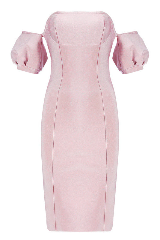 Off-the-shoulder Slit Back Bandage Dress With Puff Sleeves