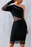 One Shoulder Mesh Insert Lace Hem Bandage Dress - Mislish
