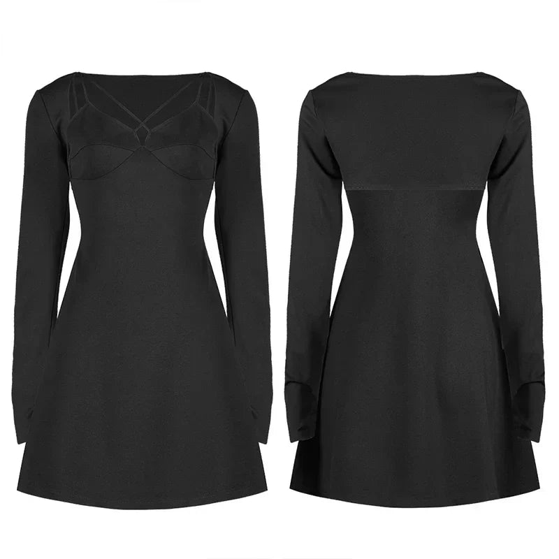 Punk Twopiece Fitting Ashape Charming Elasticity Slim Black Gothic Dress