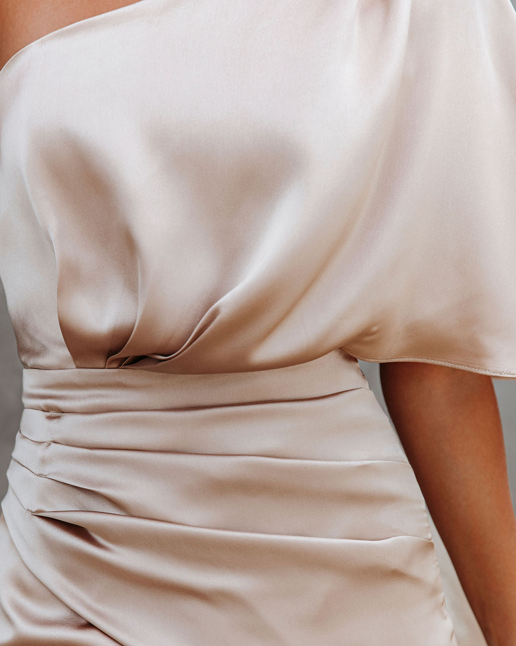 Persimmon One Shoulder Satin Drape Dress Champagne