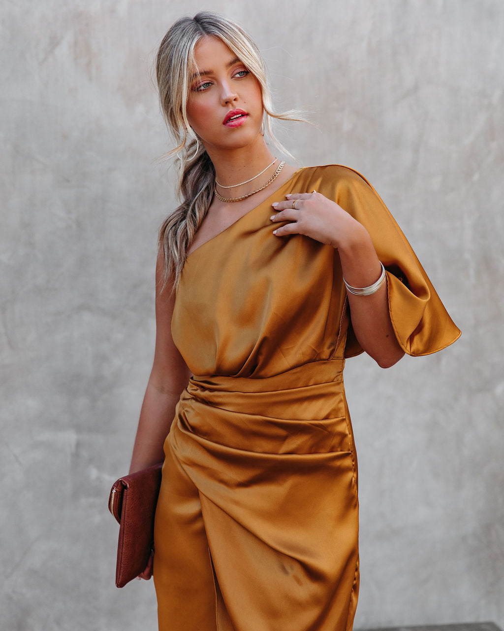 Persimmon One Shoulder Satin Drape Dress Marigold