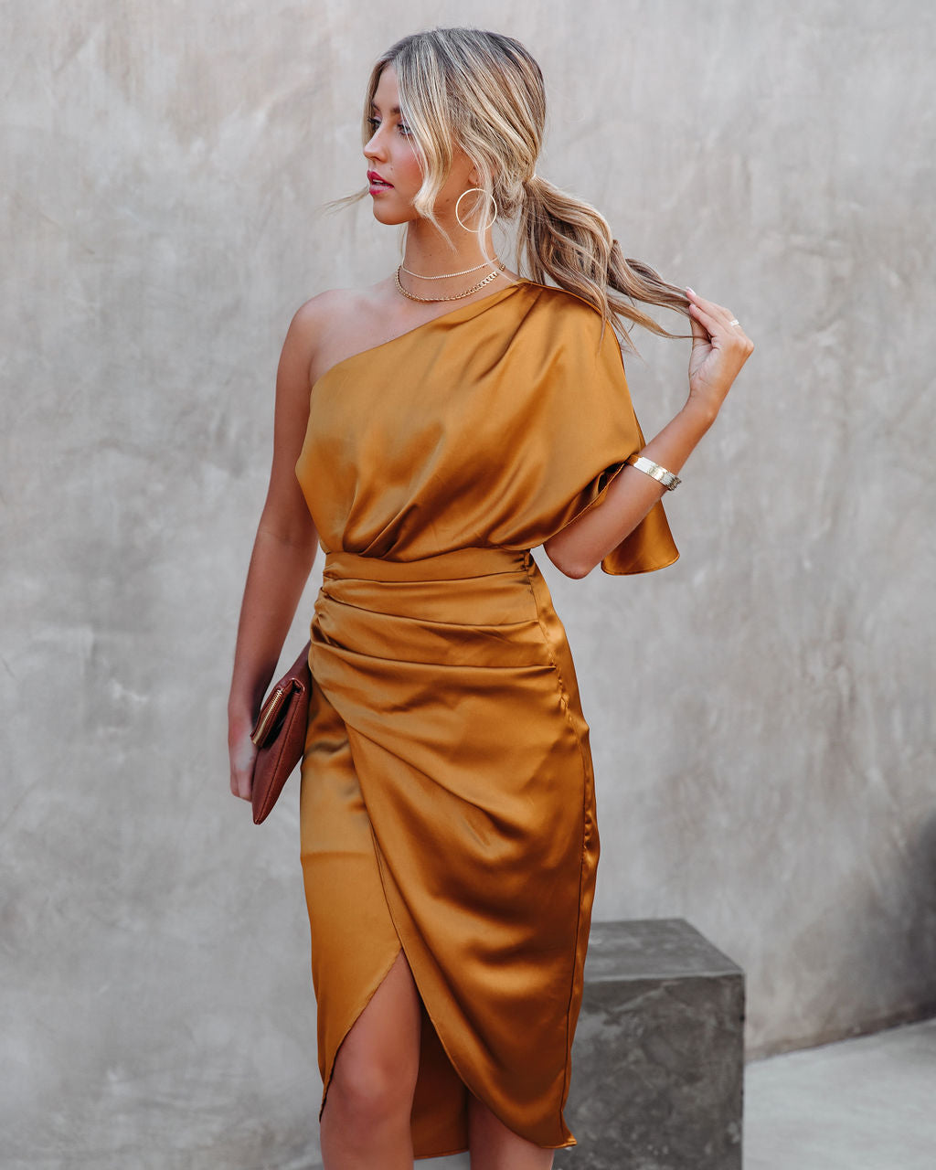 Persimmon One Shoulder Satin Drape Dress Marigold