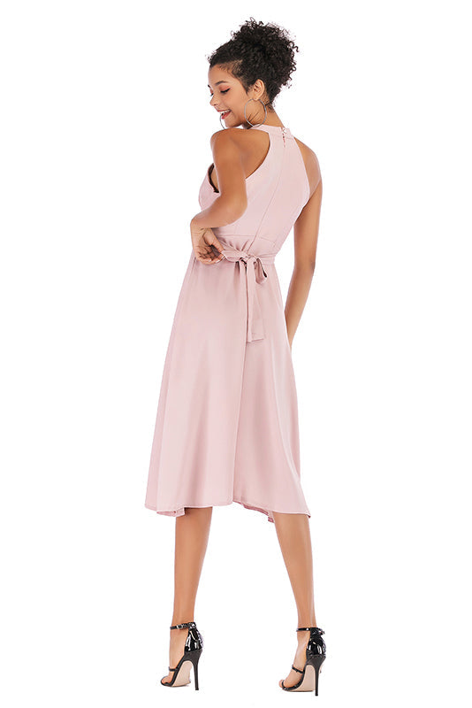 Pink Choker Neck Lace-up Chiffon Dress