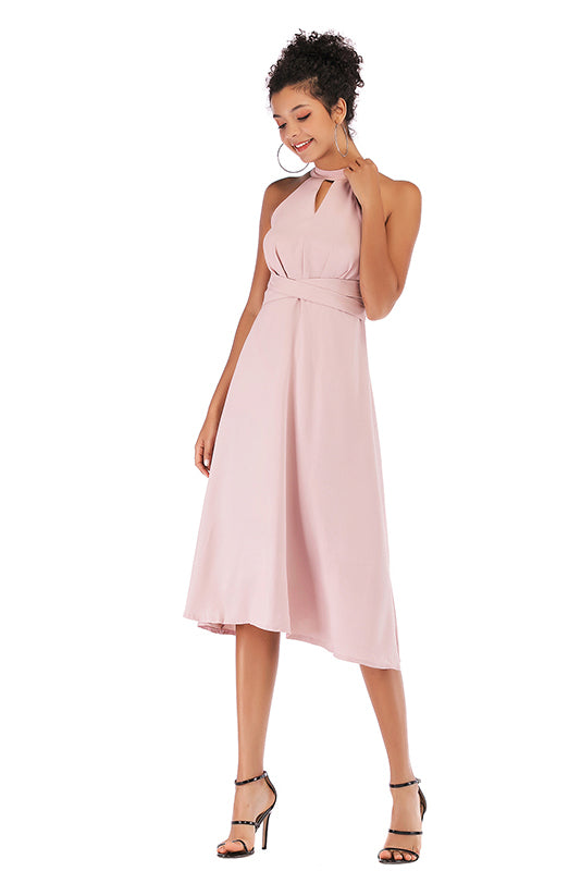 Pink Choker Neck Lace-up Chiffon Dress