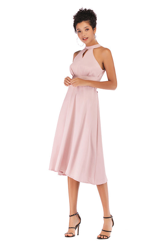 Pink Choker Neck Lace-up Chiffon Dress
