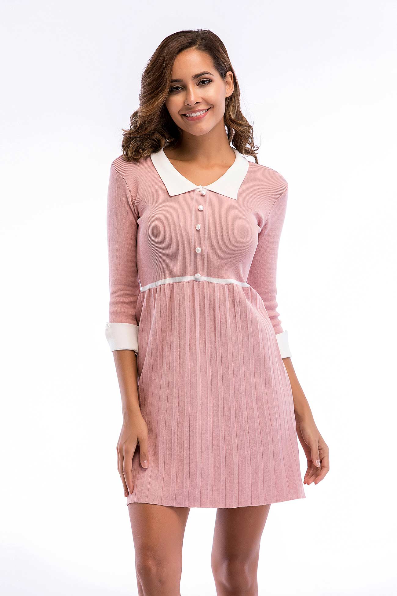 Pink Cuffed Sleeve Layered Hem Knit Dress - Mislish