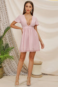 Pink Deep V-neck Lace Panel Short Dress - Mislish