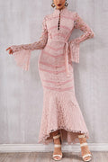 Pink Lace Patched Lace-up Mermaid Bandage Dress - Mislish