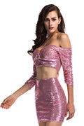 Pink Sequined Off-the-shoulder Sparkly Party Dress - Mislish