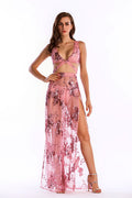 Pink V Neck Sequined Thigh-high Slit Cut Out Prom Dress - Mislish