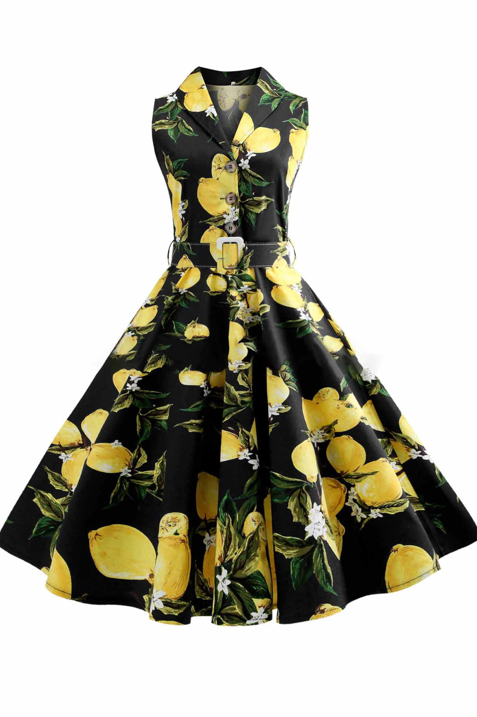 Printed Belt Lapel Sleeveless Dress - Mislish