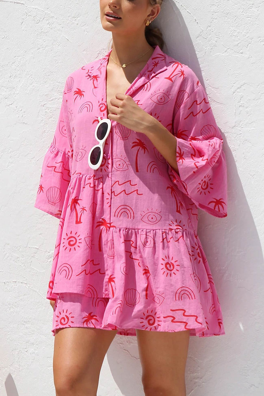 Printed Flares Sleeve Ruched Mini Dress