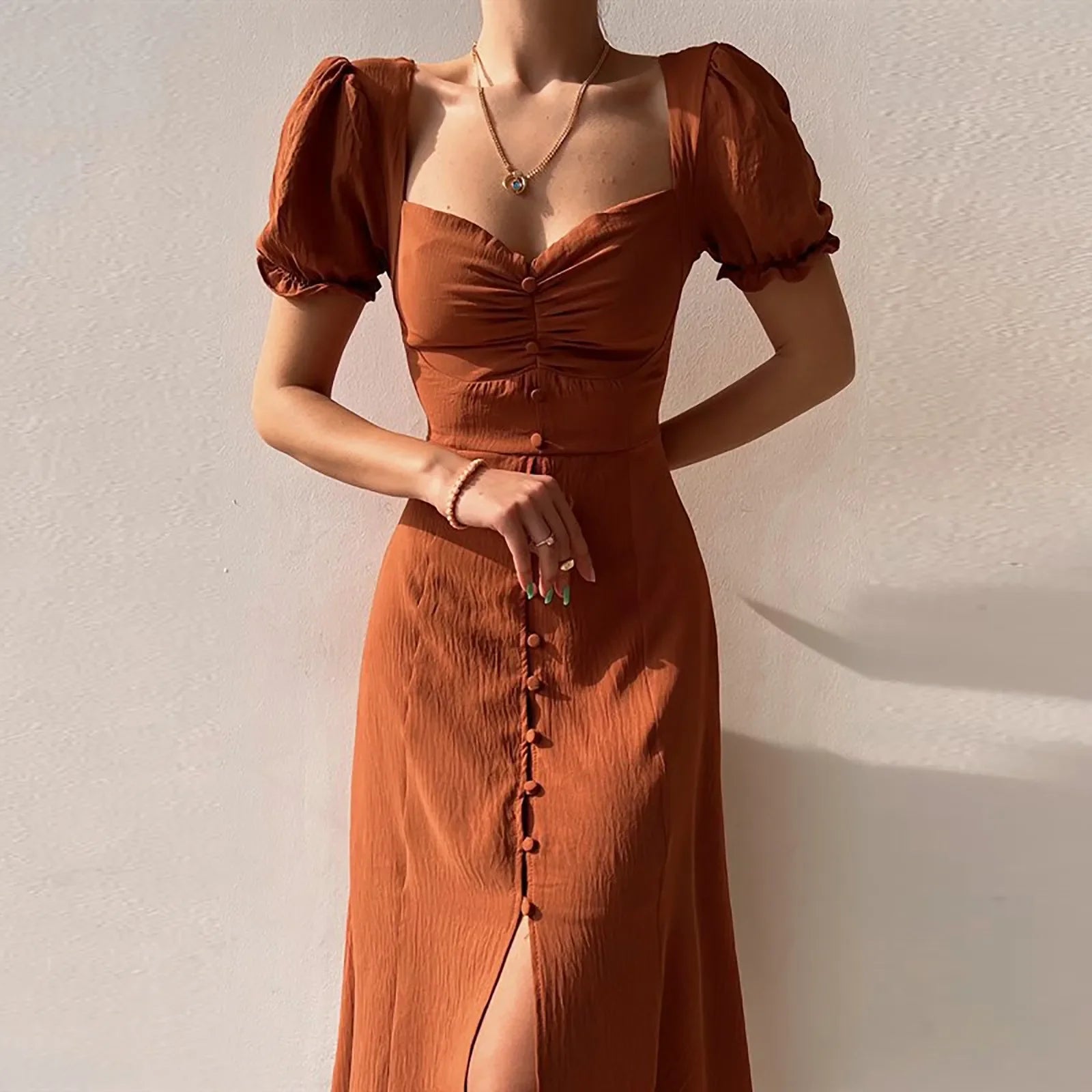 Elegant Slim Black ALine Puff Sleeve Office Party Waist Knee Length Dress