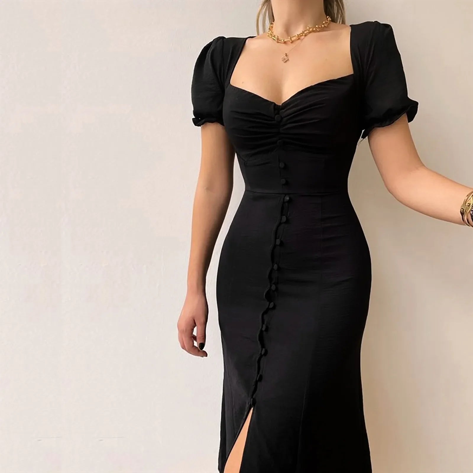 Elegant Slim Black ALine Puff Sleeve Office Party Waist Knee Length Dress