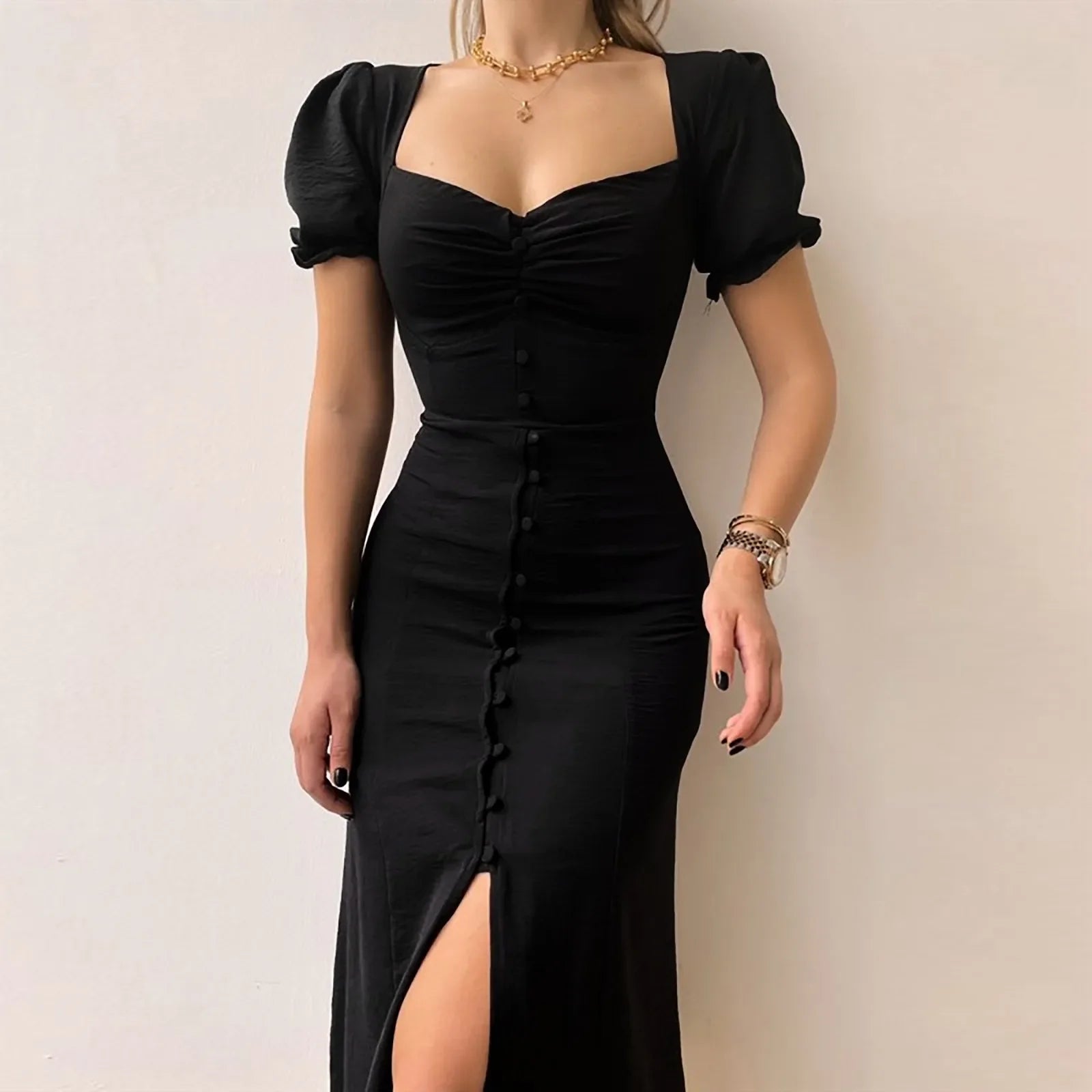 Elegant Slim Black ALine Puff Sleeve Office Party Waist Knee Length Dress