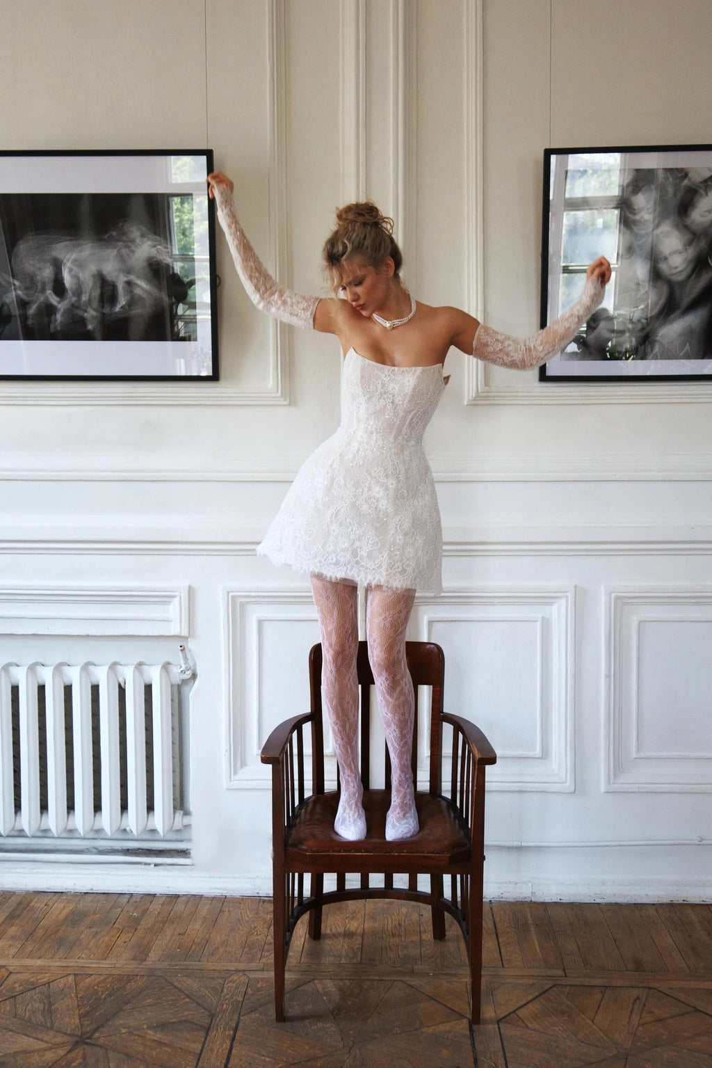 Short Wedding Dress with Long Detachable Sleeves Vestido De Novia White Satin Bridal Gowns Bow Satin Court Train Mermaid Sleeves Modern Princess Mermaid