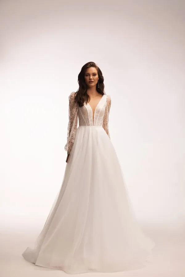 Stunning  A-Line Wedding Gown with V-Neckline, Long Sleeves, and Sequin Embellishments
