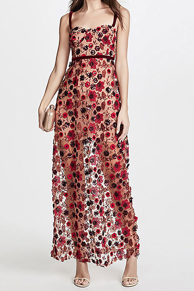 Red Applique See-through Lace Maxi Dress