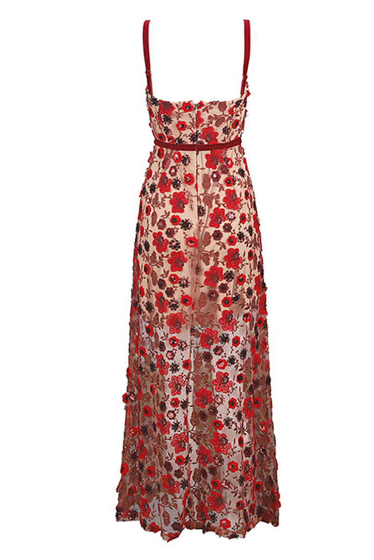 Red Applique See-through Lace Maxi Dress