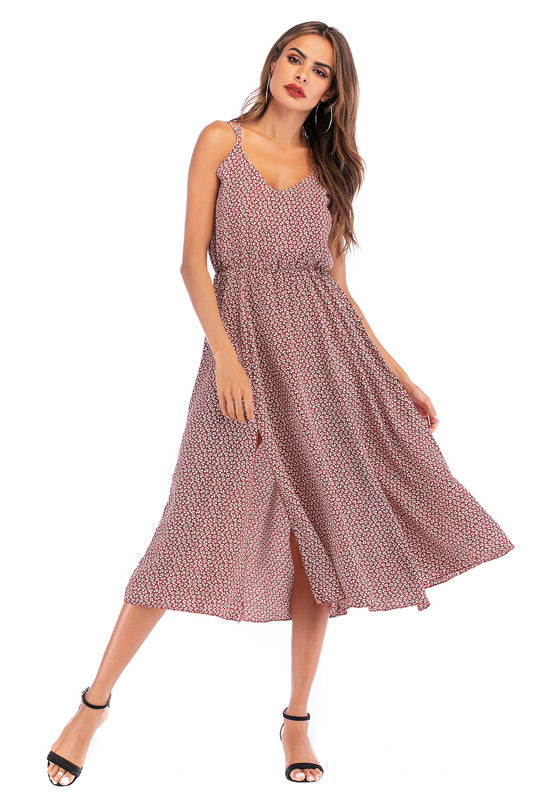 Red Floral Crisscross Back Slit Long Dress