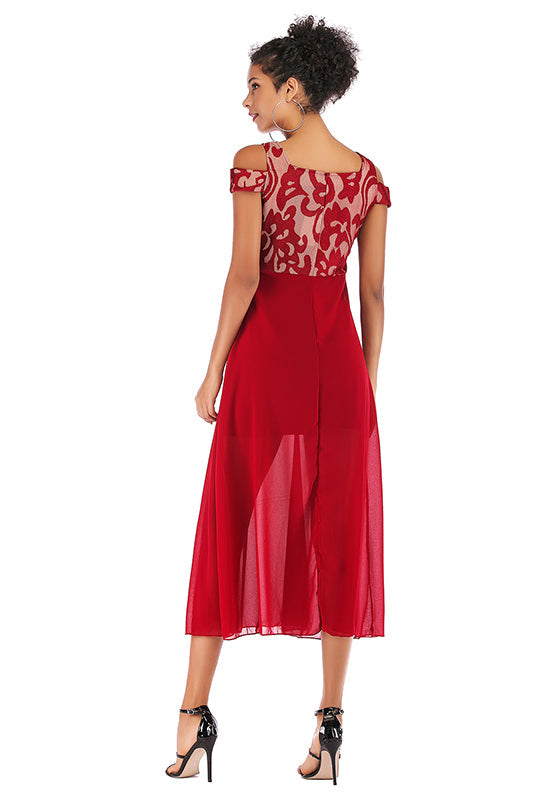 Red Off-the-shoulder Mesh Stitched Chiffon Dress