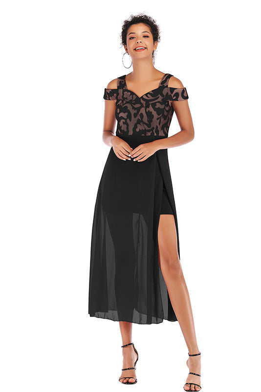 Red Off-the-shoulder Mesh Stitched Chiffon Dress - Mislish
