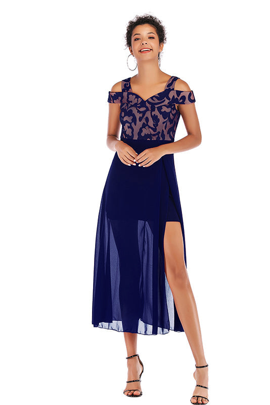 Red Off-the-shoulder Mesh Stitched Chiffon Dress - Mislish