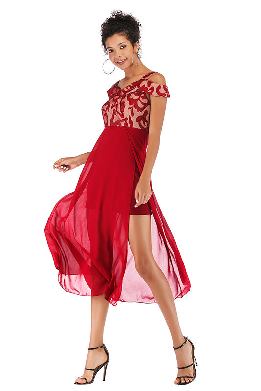 Red Off-the-shoulder Mesh Stitched Chiffon Dress
