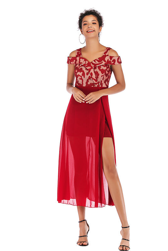 Red Off-the-shoulder Mesh Stitched Chiffon Dress - Mislish