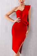 Red One Shoulder Ruffled Bandage Dress - Mislish