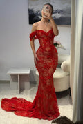 Hot Red Off-Shoulder Lace Mermaid Prom Dress with Floral Appliques