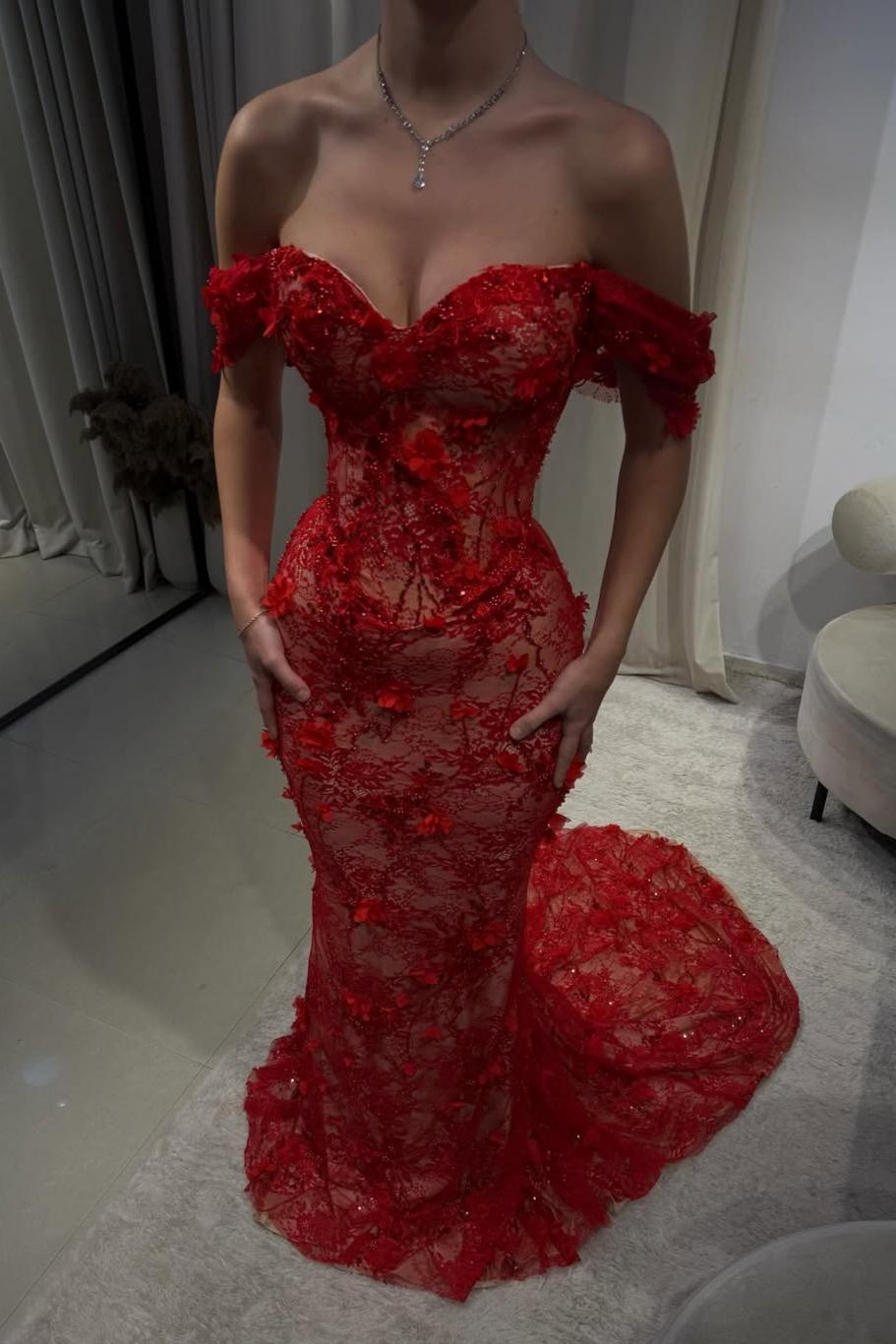 Hot Red Off-Shoulder Lace Mermaid Prom Dress with Floral Appliques