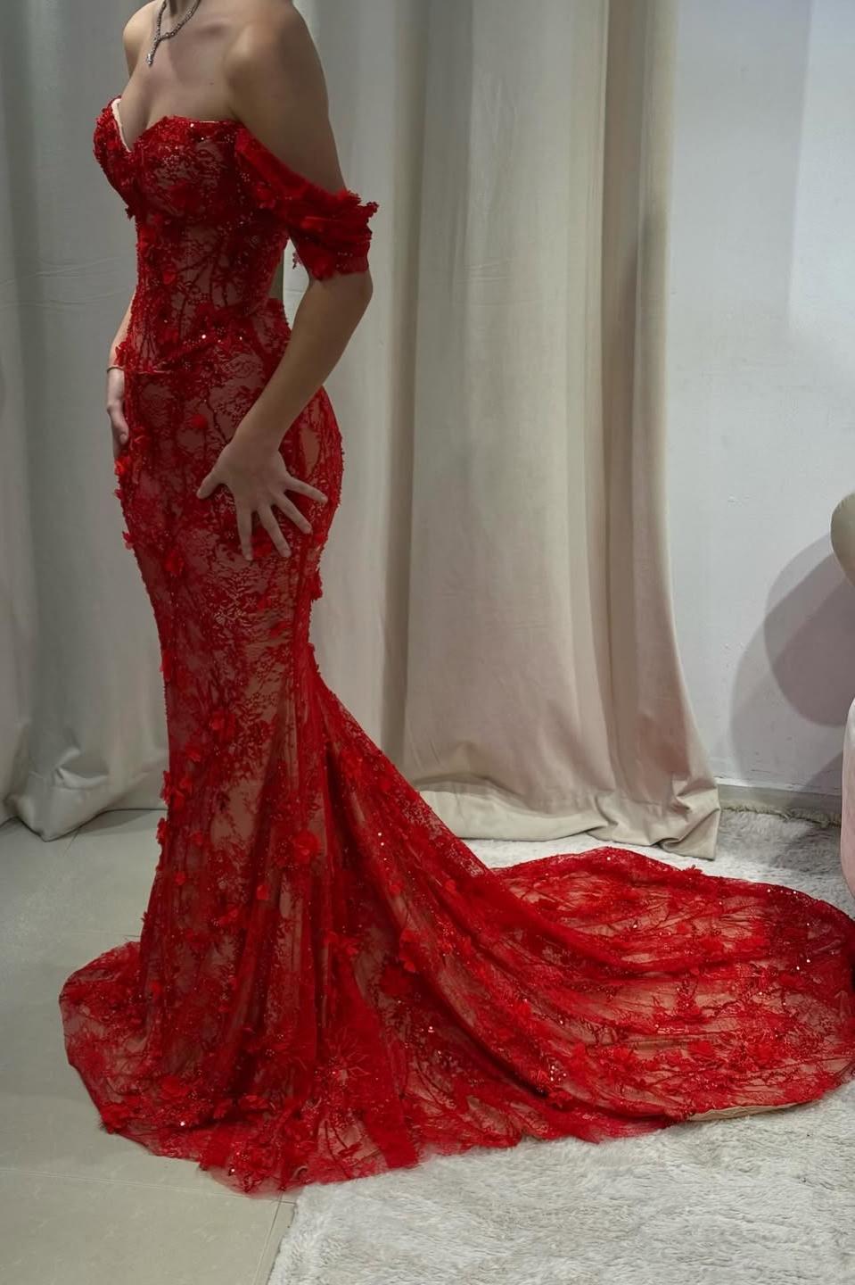 Hot Red Off-Shoulder Lace Mermaid Prom Dress with Floral Appliques