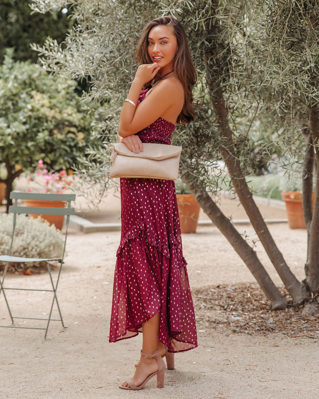 Remarkable Metallic Detailed Halter Midi Dress Wine FINAL