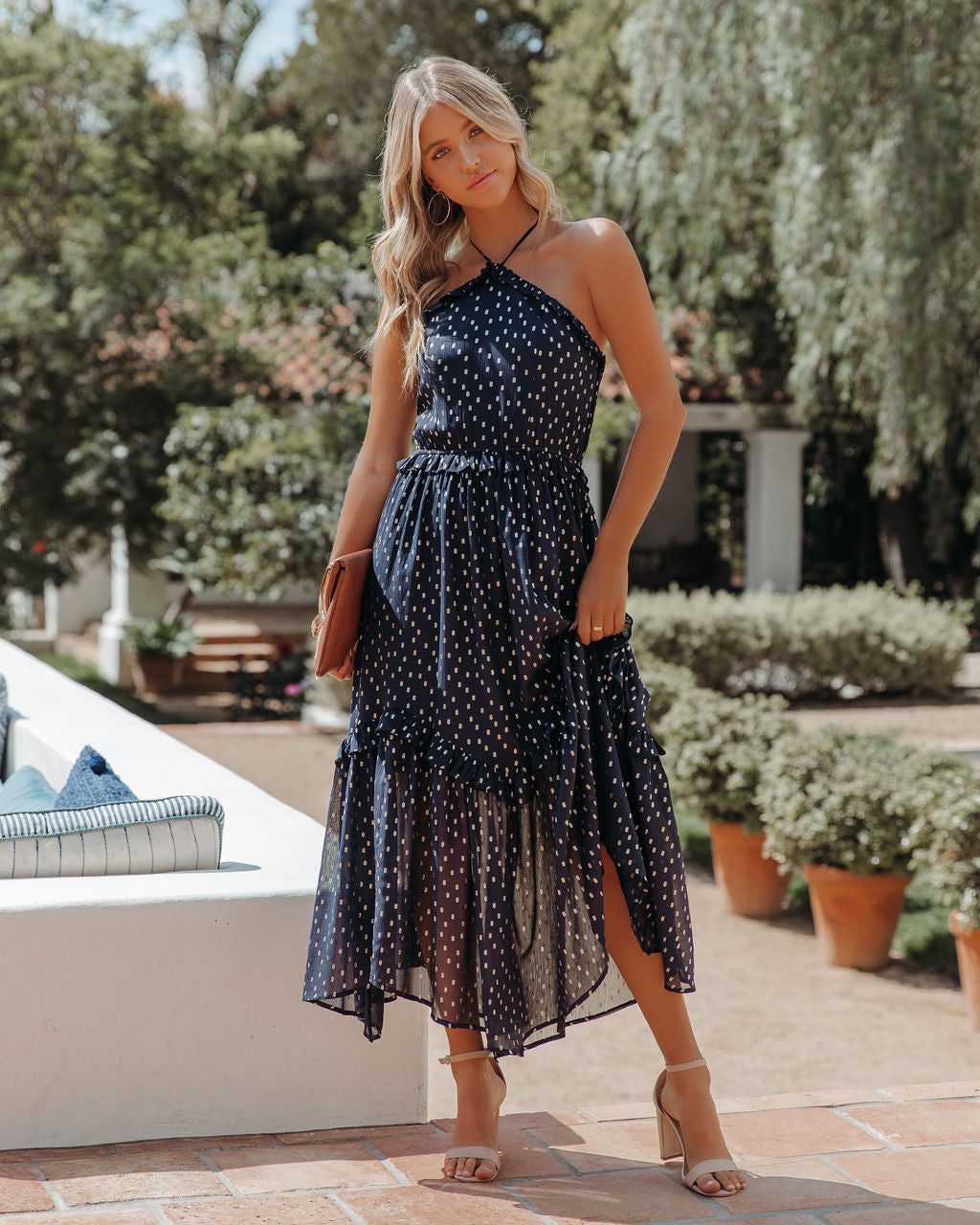 Remarkable Metallic Detailed Halter Midi Dress Navy FINAL