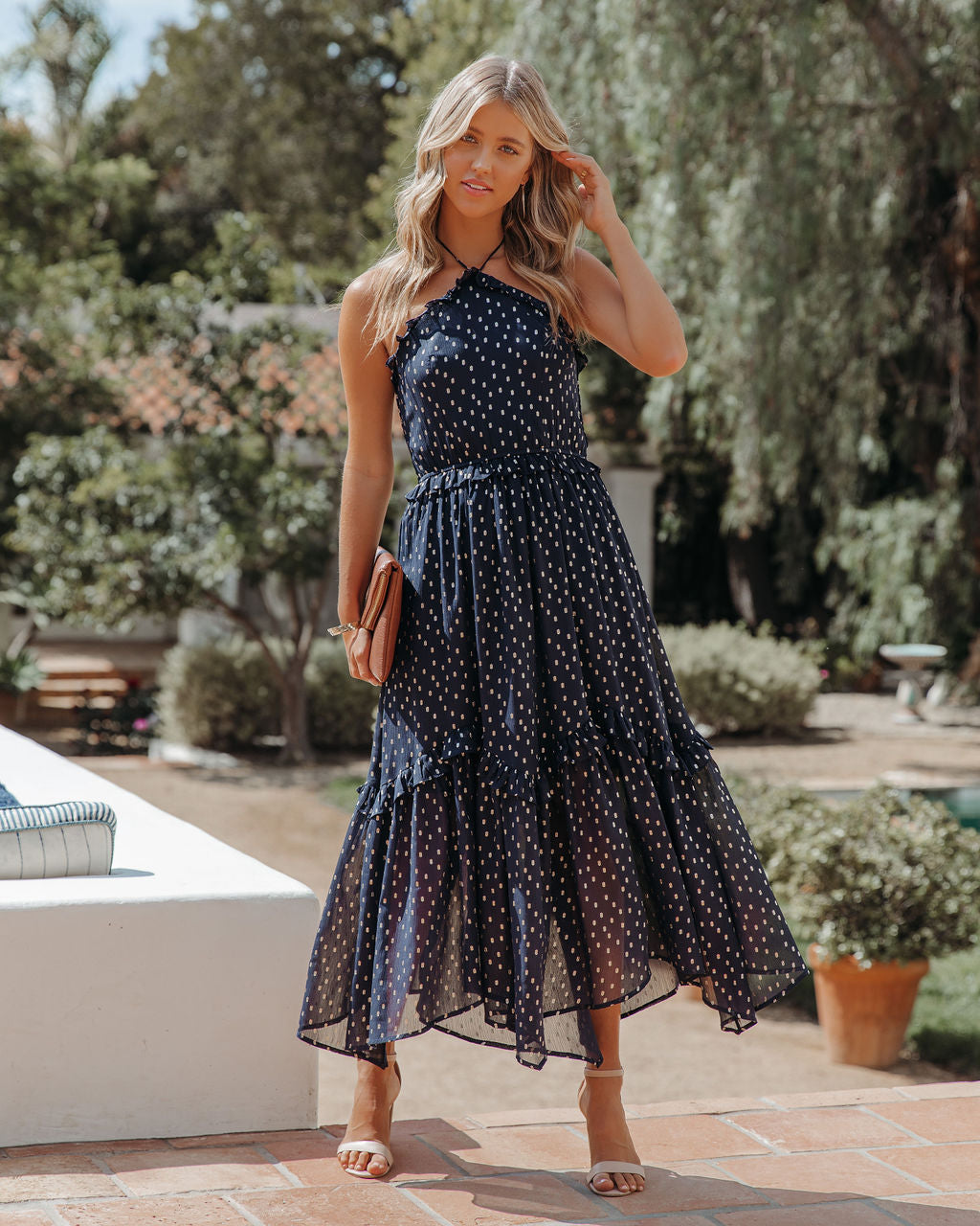 Remarkable Metallic Detailed Halter Midi Dress Navy FINAL
