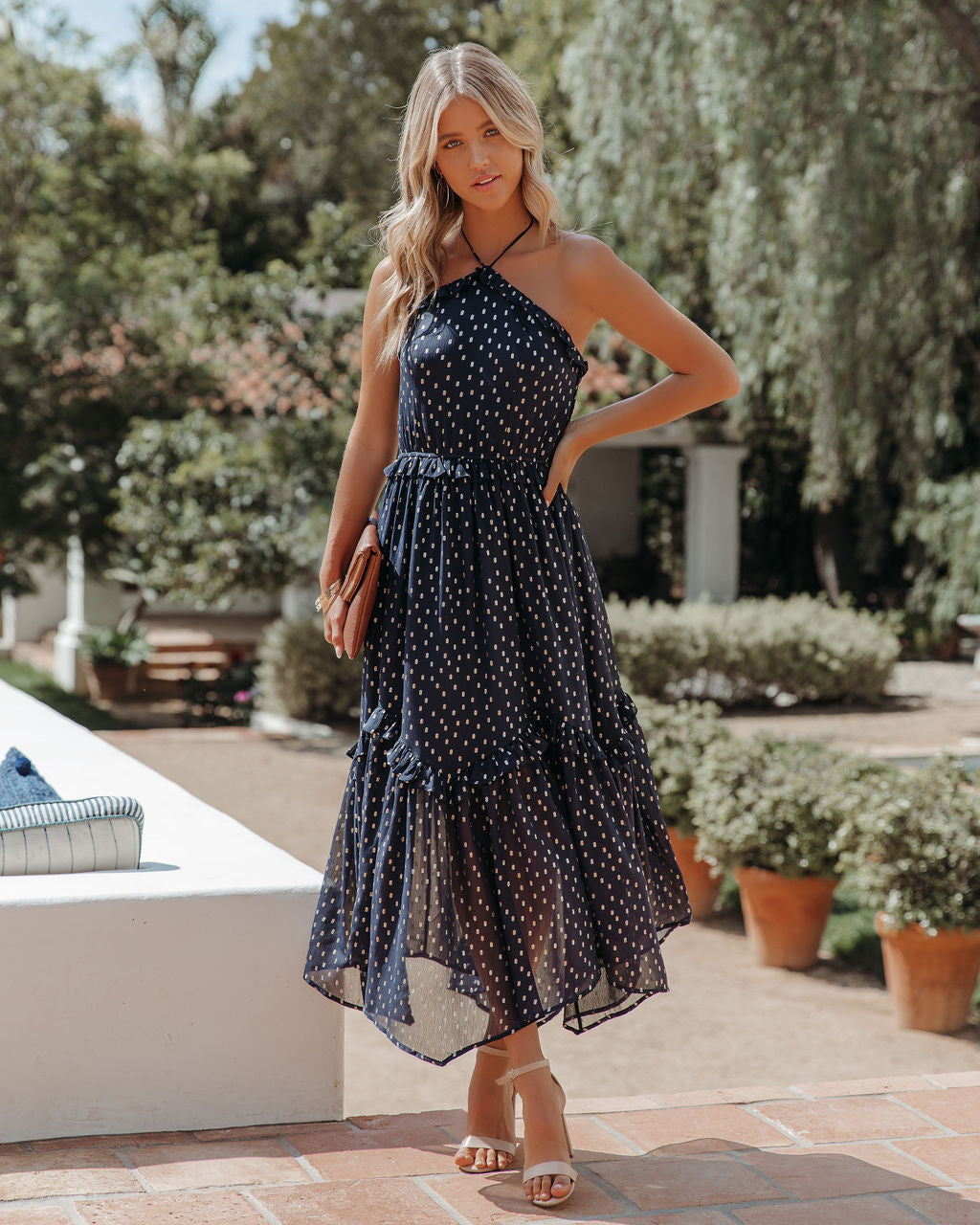 Remarkable Metallic Detailed Halter Midi Dress Navy FINAL