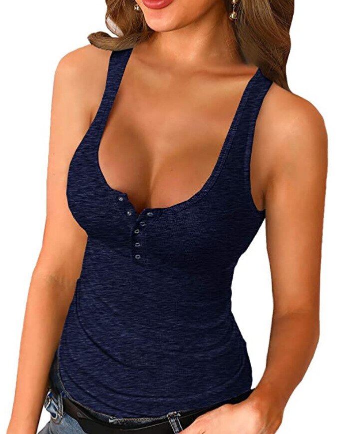 Ribbed Knitting Button Uneck Sleeveless Tank Top